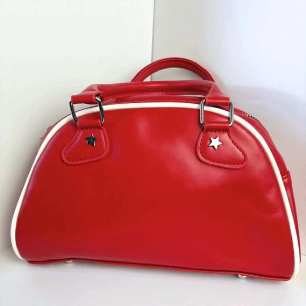 Red and White Striped Dome Satchel Bag w. '96' Patch - Picture 10 of 11